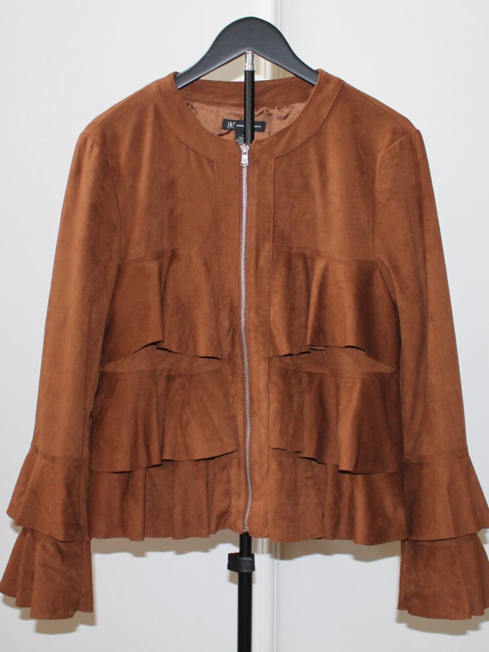 INC International Concepts Faux Suede Ruffle Jacket Women's Full Zip New Large